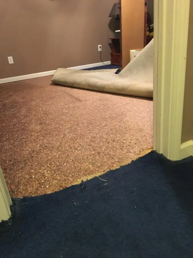 Carpet pad removal revealing water damage during Drying & Dehumidification in Grayling